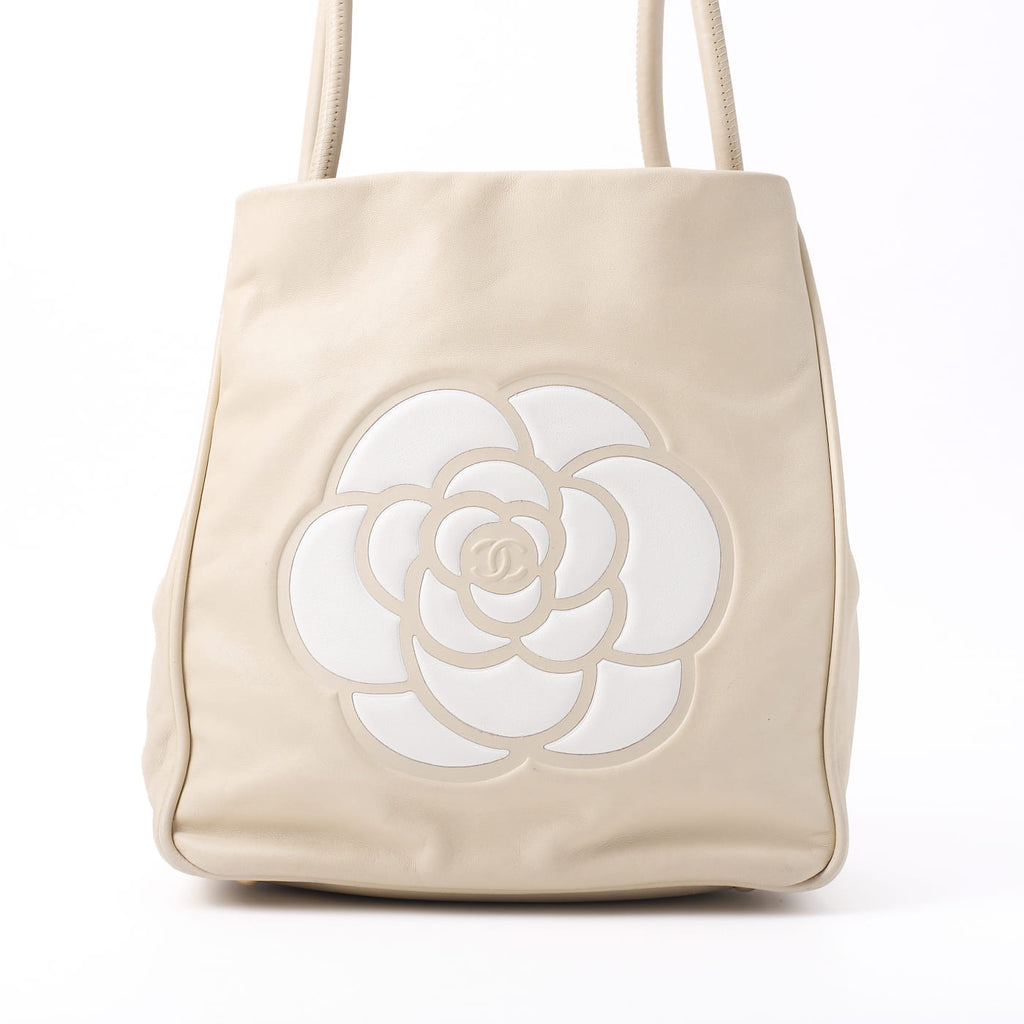 CHANEL Tote Bag Camellia Line Lambskin Ivory Gold-Tone Hardware Pre-Owned