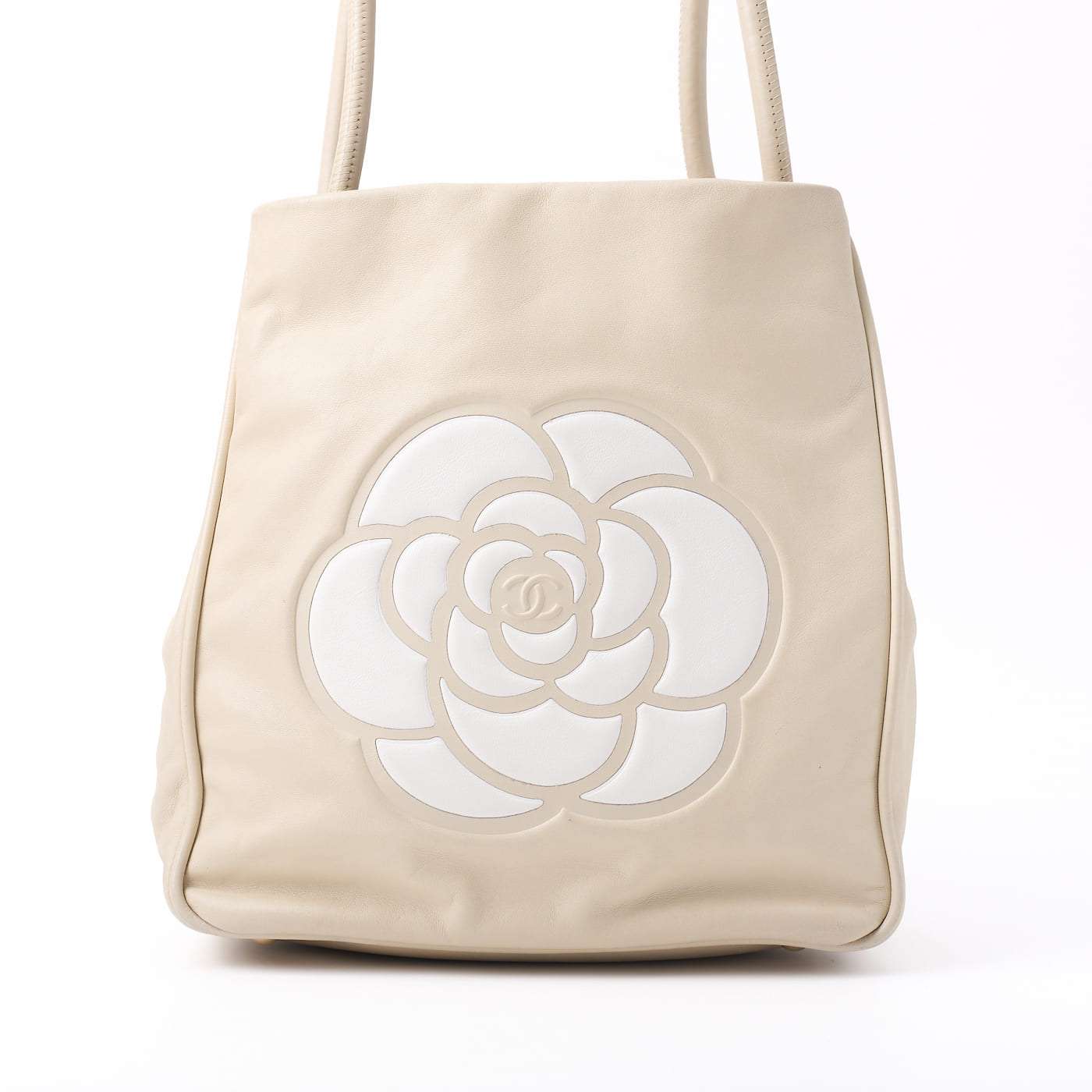 CHANEL Tote Bag Camellia Line Lambskin Ivory Gold-Tone Hardware Pre-Owned