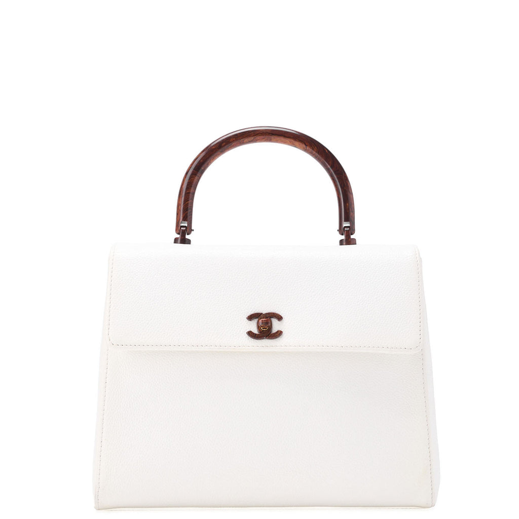 CHANEL Handbag Turnlock Kelly Shape Wood Pattern Caviar Skin White Gold-Tone Hardware, Pre-Owned
