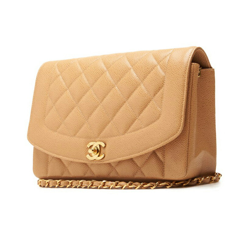 CHANEL Shoulder Bag Matelasse Diana Flap Chain Shoulder Caviar Skin Beige Gold-Tone Hardware Pre-Owned