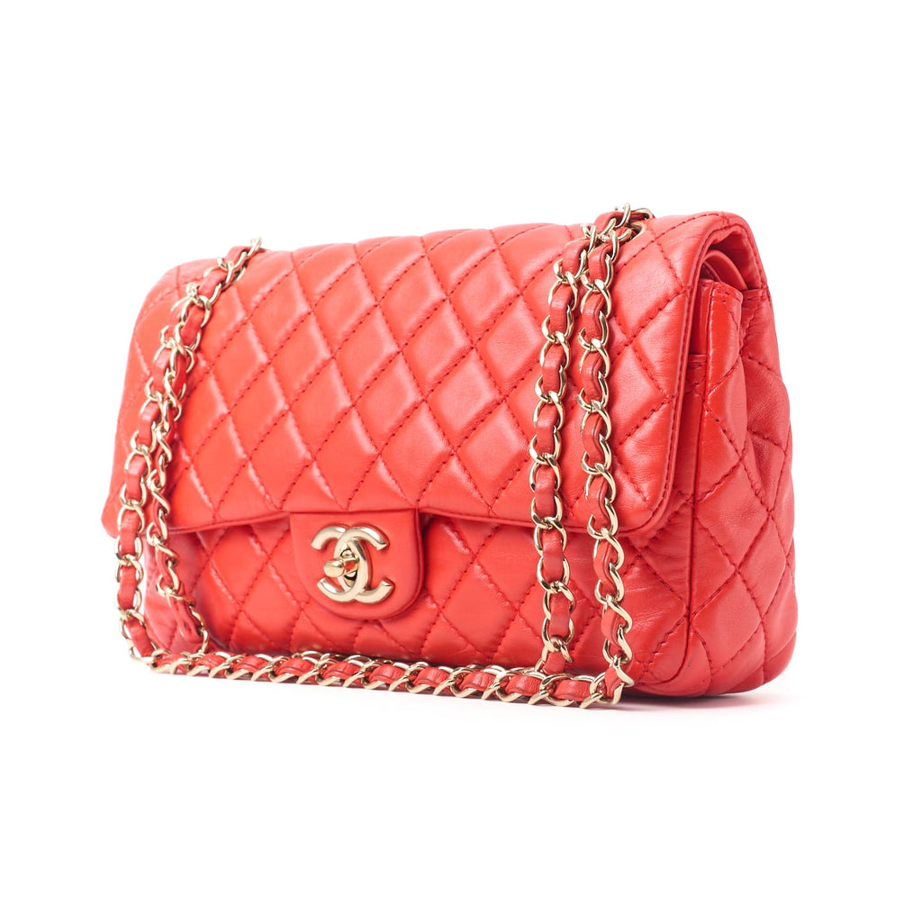 CHANEL Shoulder Bag Matelasse Turn Lock Double Flap Lambskin Red Gold-Tone Hardware Pre-Owned