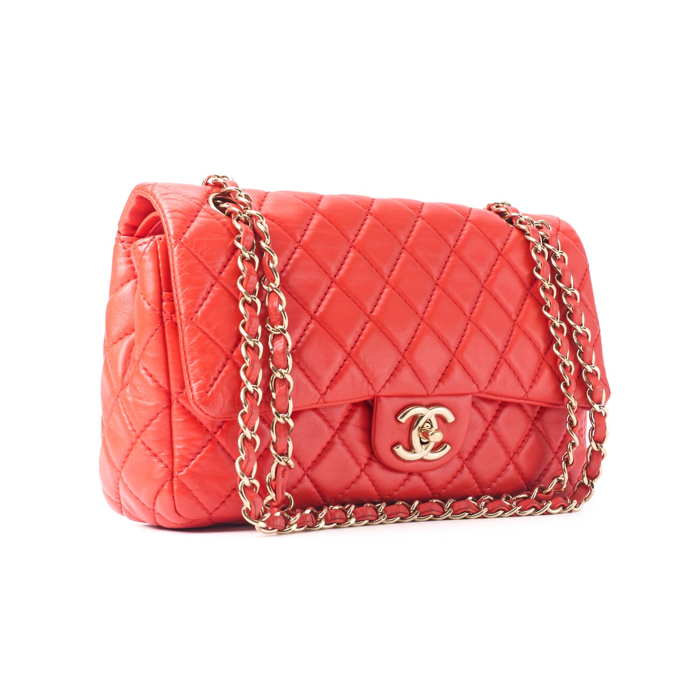 CHANEL Shoulder Bag Matelasse Turn Lock Double Flap Lambskin Red Gold-Tone Hardware Pre-Owned